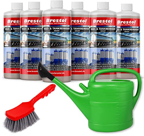 BRESTOL® Silo- & Tankreiniger sauer 6 Liter Konzentrat + Handbürste RALLY + Giesskanne mit 14 Liter Volumen - Beize Edelstahlbeize Aluminiumbeize Fassadenreiniger Steinreiniger Aluminium Aktivator