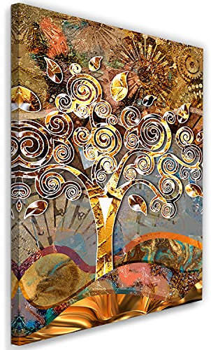Feeby Bild auf Vlies Leinwand Lebensbaum Gustav Klimt Moderner Stil Gemälde 30x45 cm Kunstdruck Modern Wandbilder Deko Flur Wohnzimmer Gewirbelte Zweige Blumen Goldrinde Gold