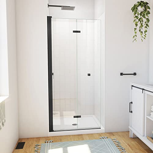 DreamLine Aqua-Q Fold 36 inch D x 36 inch W x 78 3/4 inch H Frameless Bi-fold Shower Door in Matte Black, Shower Base, and Wall Kit in White