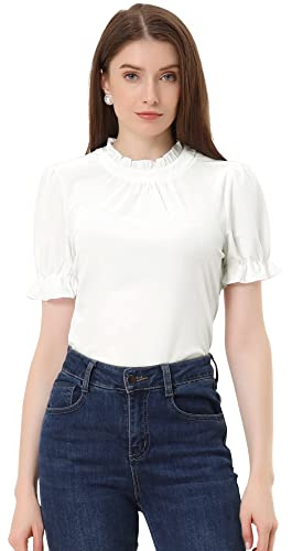 Allegra K Camisa con Cuello de Volantes para Mujer Blusa de Terciopelo de Manga Corta Disfraz de Halloween Blanco S