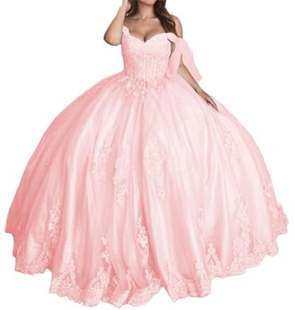 WSEYU Söta 16 Quinceanera-klänningar balklänning axellös balklänningar med tåg puffig tyll spets festklänningar, Rosa, 42 SE
