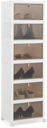 COSTWAY 6-Ebenen Aufbewahrungsboxen mit Deckel und Rollen, Stapelboxen mit magnetischen transparenten Türen, zusammenklappbare Boxen zur Aufbewahrung von Schuhen, Spielzeug, Kleidung