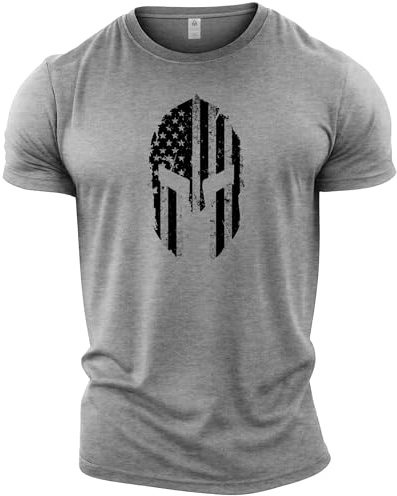 GYMTIER Spartan Helmet USA Flag Men's Gym T-Shirt Bodybuilding Training Workout Lifting Top Clothing, Sport Grey, S
