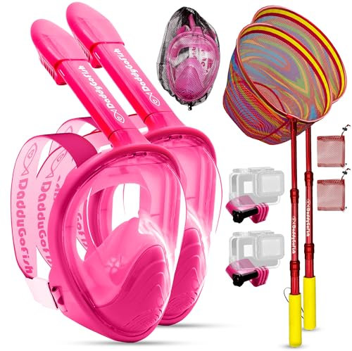 DaddyGoFish Kinder-Schnorchelmaske | Snorkle Schnorchelausrüstung mit Kamerahalterung | Ausziehbares Teleskop-Kescher- und Schnorchelmasken-Kombi-Set, beschlagfrei und auslaufsicher