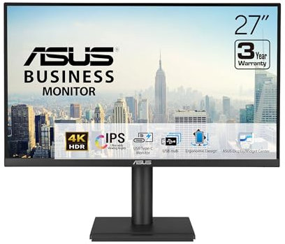 ASUS Monitor empresarial 4K de 27 pulgadas (VA27UCPS) UHD (3840 x 2160), IPS, 99 % sRGB, HDR-10, USB-C PD65W, concentrador USB, altavoces, cuidado de ojos, ergonómico, VESA, sostenibilidad ecológica