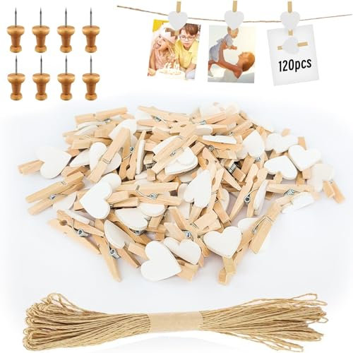 Hengxinc 129PCS Mini Wooden Heart Pegs,3 cm Natural Small Photo Pegs, White photo clips with 10m String for PhotoWall Display, Craft, Weddings & Party,for Hanging Photos