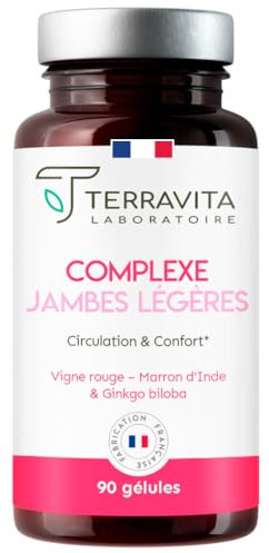 Complexe Jambes Légères | 6 Actifs Hautement Dosés | Vigne Rouge - Marronnier d’Inde - Ginkgo Biloba - Ortie | Circulation Sanguine - Drainage Lymphatique | 90 Gélules | Made in France | Terravita