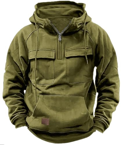 PADOLA Pullover Herren 1/4 Zip Hoodie Cargo Arbeitspullover mit Multi-Taschen Vintage Kapuzenpullover Retro Fleecepullover Langarm Sweatshirt mit Fleece Übergangsjacke Winter (3XL, 3 Armeegrün)
