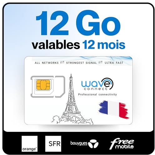 Wave Connect SIM Données France 4 Réseaux, 12 Go valables 12 Mois, Bouygues, Free, Orange, SFR, 4G, 5G, Prépayée, Active dès La Première Utilisation, UE, IoT, Sécurité