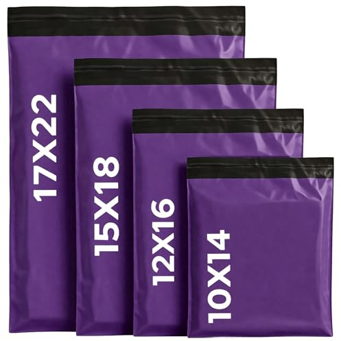 LIVERPOOL ENTERPRISES LTD 100 Mixed Purple Parcel Bags – Tamper-Proof Self-Seal Mailing & Postage Bag for Shipping, Packaging & Delivery – 4 Assorted Sizes 25 of Each (XS to Large)