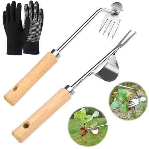 SMEILEE Tagliacerbacce in acciaio inox, diserbante per radici con manico in legno, per lavori di giardinaggio, per la rimozione di muschio e erbacce, per il giardinaggio