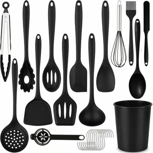 25-delars köksredskapsset, silikon matlagningsverktyg, värmebeständig 230 ℃ non-stick icke-repfri, diskmaskinssäker med förvaringshink för non-stick pannor hemmatlagning