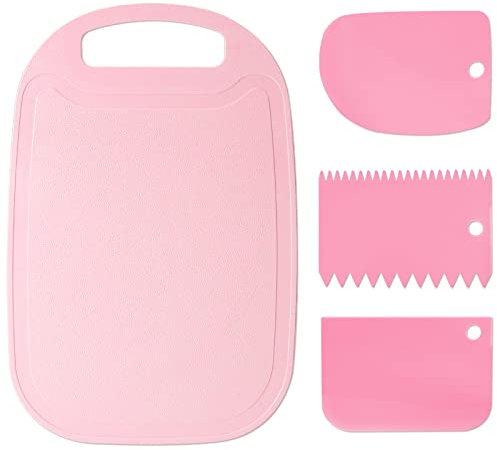 Tagliere Antiscivolo in plastica,Tagliere da Cucina Professionale Senza BPA con scanalature per Il Succo e 3pezzi Raschietto per Pasta per Carne, Pesce, Verdure, Frutta, Formaggio e Cibo Cotto, Rosa