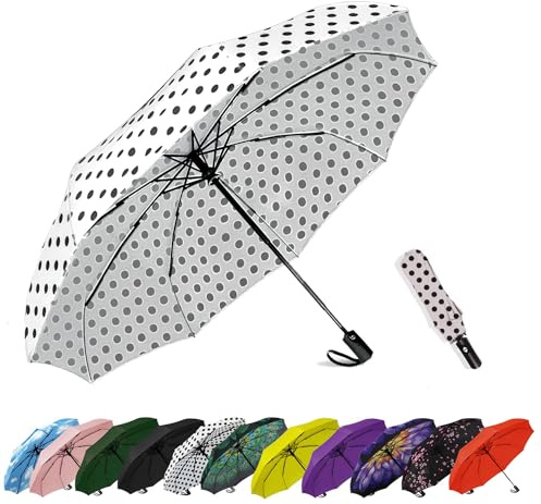 SIEPASA Winddichter Reise-Regenschirm, kompakt, automatischer Regenschirm, für Regen, klein, tragbar, winddicht, für Männer, Frauen, Teenager, weiß gepunktet