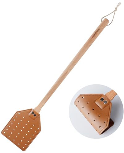 DEBETOOL Tapette à mouches manuelle en cuir robuste avec poignée en bois, tapette à mouches en cuir durable pour l'intérieur et l'extérieur (marron)