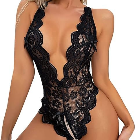 Rayson Body da Donna Sexy Babydoll Camicia Scollo a V Aperto Trasparente Bodysuits Erotico Pizzo Lingerie Top Completi Lace Intima da Notte(Nero)