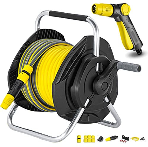 YJKKZQLB Carrito portamangueras, portamangueras de jardín montado en la Pared, Estante de Almacenamiento de mangueras portátil para Exteriores (portamangueras + Tubo de 25 m + Pistola de Agua)