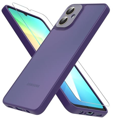 MIKULLE Cover for Samsung Galaxy A06 4G Phone Case, 1 Pack Tempered Glass Screen Protector,Matt Translucent Shockproof Silicone TPU Bumper with Camera Protection Case (Purple)