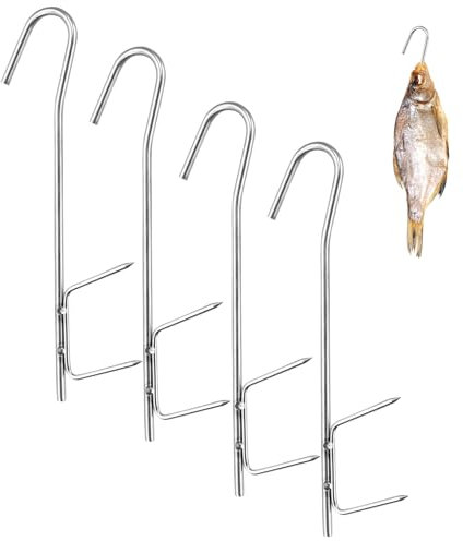 Cochets de Fumage, 4 Pièces Crochets à Viande Fumoirs pour Poisson Viande, Crochet à Viande Inox pour Suspendre du Poisson Fumé, de La Viande, des Saucisses (21 cm)