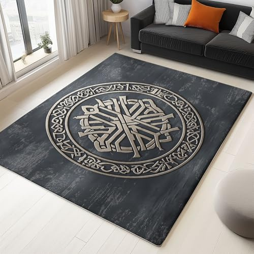 Generisch Teppich Wohnzimmer 120 x 180 cm Dunkelgrau Wikinger-Symbole 3D Teppich-Küche Jugendzimmer Esszimmer und Schlafzimmer Teppich Kurzflor Teppich Extra Weich Pflegeleicht