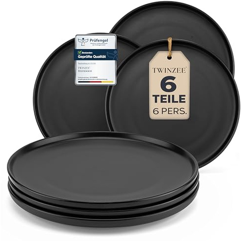 Twinzee Piatti Colazione - Set piatti Neri Mpoderni, 6 persone - Elegante Servizio Piatti - Adatti a Microonde - Collezione Ebony