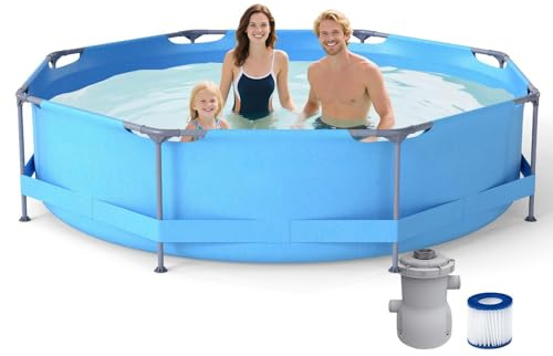 GOPLUS Piscina Desmontable Redonda con Depuradora, Swimming Pool Grande Exterior para 3-4 Adultos y Infantils con Soporte Tubular Metálico, Almohadillas Antideslizantes (363 x 363 x 76cm)