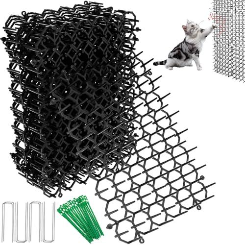 12Pcs Pinchos Anti Gatos con 8 Clavijas en Forma U & 20 Bridas, Alfombrilla Antigatos de 15x20cm, Repelente para Gatos de Exterior, Rejillas Ahuyentadoras de Plástico para Interior, Exteriores, Jardín