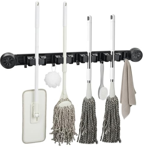 Culinavog Besenhalter Wandhalterung, Ohne Bohren Abnehmbarer Saugnapf, Gerätehalter Wandhalterung mit 4 Halter und 5 Haken, Wandmontierter Werkzeughalter für Küche, Badezimmer, Garage, Garten