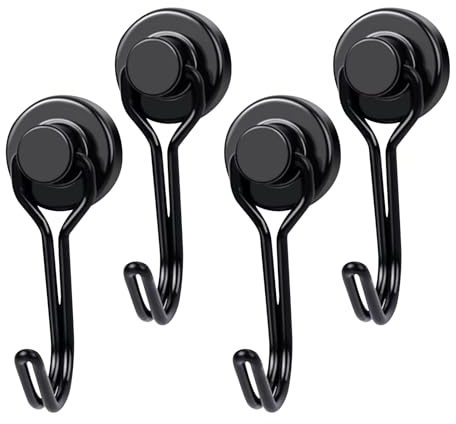 4 Pack Heavy Duty Magnetic Hooks, 30 lb+ Black Strong Swivel Swing Magnet Hooks for Camping, Fridge, Kitchen, Magnetic Coat Hangers, Van Accessories, Cruise Essentials, Refrigerator Hook, Ceiling Hook