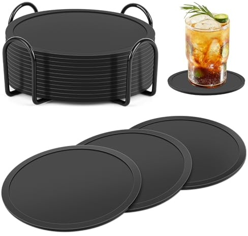 Pesutei 12 Stück Untersetzer Gläser, 10CM Silikon Untersetzer, Schwarz Untersetzer Silikon mit Edelstahlständer, rutschfest und Isoliert Untersetzer für Getränke, Kaffee, Weingläser