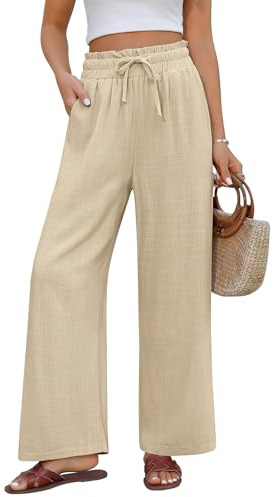 UMIPUBO Pantalon Lin Femme Été Coton Fluide Large Elegant Décontracté Pantalon Taille Haute Élastique avec Cordon Léger Jogging Pants de Plage avec Poches (Kaki, L)