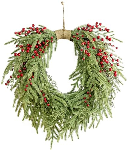 Decoraciones navideñas, Corona de Pino Norfolk 19.7, Corona navideña con Lazo Artificial con Frutos Rojos para Puerta Delantera, Ventana, Pared, decoración de Boda