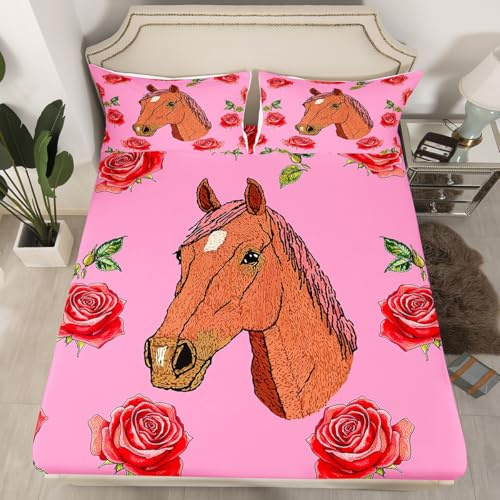 Homewish Juego de ropa de cama con diseño floral de caballo, tamaño King, sábana bajera ajustable con estampado de animales salvajes, ropa de cama romántica para decoración de habitación, 3 piezas