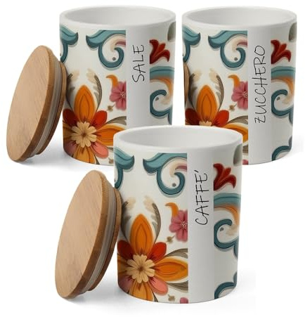 Set 3 Barattoli in Ceramica Romantic - con Tappo Ermetico in Legno, Motivo Floreale, Caffè, Zucchero, Sale, Contenitori, Organizzatori da Cucina, Elegante - 10 x 13 cm