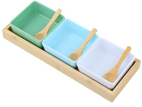 Ziyonix Juego de Cuencos para Servir de 4 Piezas, Set de Cuencos Snack con Bandeja de Bambú y 3 Cuchara de Madera Platitos de Aperitivo para Salsas