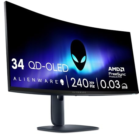 Alienware 34 Gaming Monitor - AW3425DW, WQHD (3440x1440), 21:9 1800R Curved, 240Hz, QD OLED, 0.03ms, NVIDIA G-SYNC Compatible, AMD FreeSync Premium Pro, HDR True Black 400, USB-C (Renewed)