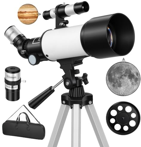 Outsunny Telescopio astronómico 70 mm Blanco Adultos y Principiantes | Telescopio refractor portátil, aumento 40X/16X, trípode ajustable, bolsa de transporte para viajes
