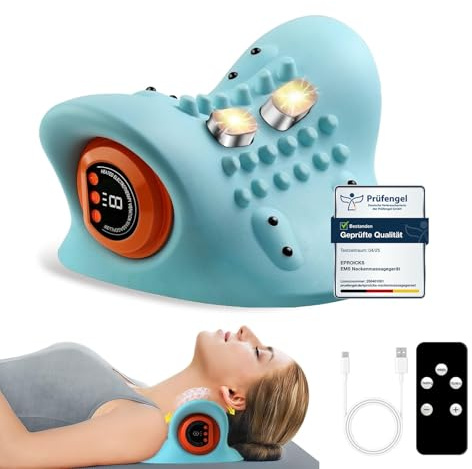 Back Shoulder and Neck Massager with Heat, EMS Back Neck Massager(Blue) | Neck and Shoulder Relaxer, Neck Cloud - Cervical Traction Device,Cervical Neck Traction Pillow,3 Modes,6 Speeds