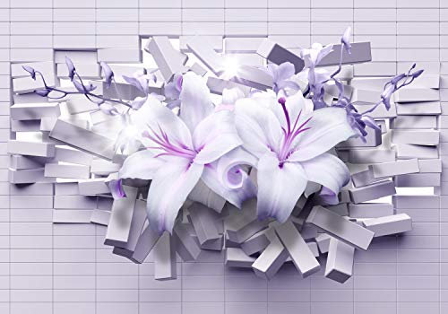 wandmotiv24 Fototapete Lilien Lila 3D, XXL 400 x 280 cm - 8 Teile, Wanddeko, Wandbild, Wandtapete, Blumen, Wand, Ziegelsteine M1718