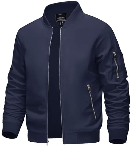 KEFITEVD Giacca bomber estiva da uomo, leggera, antivento, per le mezze stagioni, college blouson con scollo rotondo e tasche con cerniera, Blu scuro, XXL