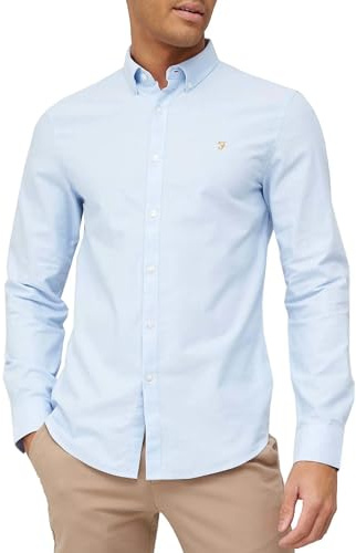 Farah - Men's Shirt, Brewer Slim Fit, Organic Cotton, Indigo Oxford Shirt, Casual-Style Shirt, Sky Blue, XXL