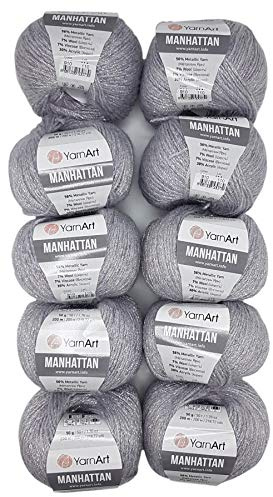 10 x 50g YarnArt Manhattan Viscose - Garn mit Glitzer, 500 Gramm Metallic-Wolle, Effektwolle (silber flieder 910)