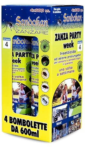Sandokan, 4 Zanza Party Insetticida Spray Zanzare Giardino 600ml, Antizanzare per Esterno Potente con Valvola Jet, Azione Abbattente Rapida 10 Minuti contro Zanzara Tigre, Mosche e Cimici