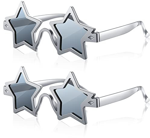 Fiada 2 Stück Stern Sonnenbrillen Pentagramm Sonnenbrillen Sternförmige Spaßbrille Lustige Brille Stern Partybrille für Kostüm Cosplay Party Erwachsene Foto Requisiten (Silber)