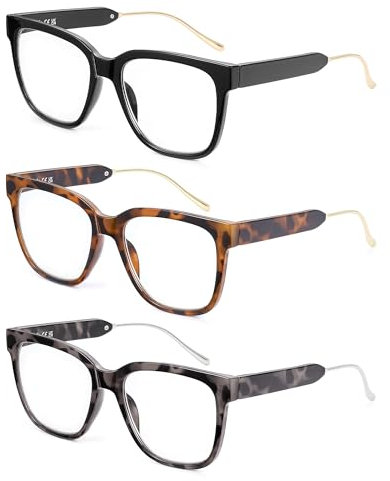 JM 3 Pack Classic Square Reading Glasses for Women Men, Retro Trendy Oversized Blue Light Blocking Readers +2.0