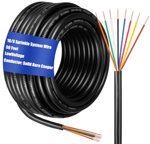 Hoolerry Solid Sprinkler System Wire 18 Gauge Irrigation Wire with UV Resistant PVC Jacket Sprinkler Cable for Underground Irrigation Field Central Control System 30v Ul Listed(18/8, 50 Ft)