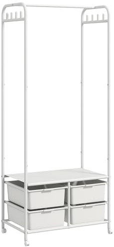 HOMCOM Perchero con Zapatero Moderno con 8 Ganchos 4 Cestas para Zapatos Perchero Entrada con Ruedas y Marco de Acero para Salón Dormitorio Pasillo 63x37x153 cm Blanco