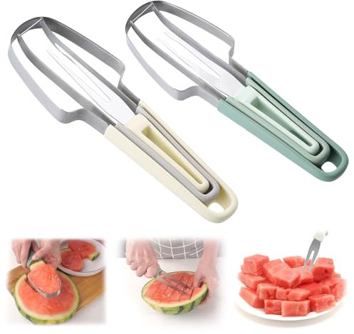 SANLIUSANJIU 2 Pcs Coupe-Pastèque 3 en 1, Fourchette Couper Les Fruits PastèQue, Trancheuse Fruits 3 En 1 En Acier Inoxydable, Outil Coupe PastèQue D'éTé, Pour PastèQue Fruit Du Dragon Etc.
