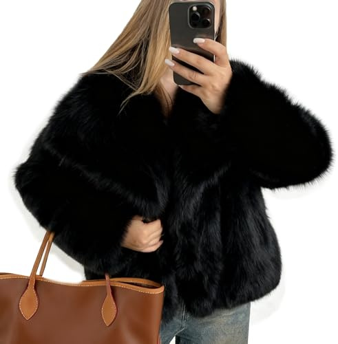 Flygo Women's Faux Fur Coat Fluffy Faux Fur Jacket Long Sleeve Lapel Furry Winter Jackets Shaggy Parka Short Coat(Black-S)