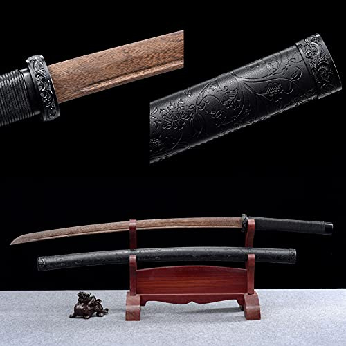 Espada samurái de Palisandro Completamente Negra, Katana de Madera de 103 cm con Funda de Cuero de PU Envuelta en Madera Maciza, Bokken Hecho a Mano para Iaido Kendo Decor Cosplay